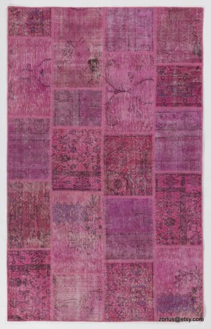 5' X 8' Pink Turkish Patchwork Rug Hand-Knotted Wool Carpet - image 1