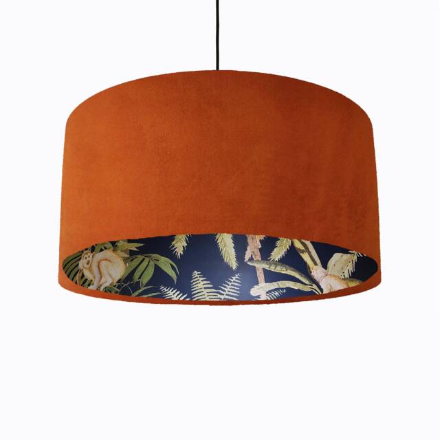 Burnt Orange Lampshade in Velvet With Dark Monkey Tropical Lining - image 1