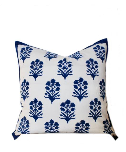 Hand Block Print Pillow Cover Indigo Flower, Farmhouse Decor - 20x20, 22x22 - image 1