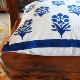Hand Block Print Pillow Cover Indigo Flower, Farmhouse Decor - 20x20, 22x22 - thumbnail 2