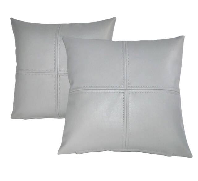 "2 Light Grey Check Faux Leather Cushion Covers 16"" 18"" 20" - image 1