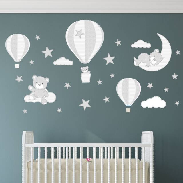 Teddy Bear Hot Air Balloon Nursery Wall Decals Grey & White Fabric Stickers - image 1