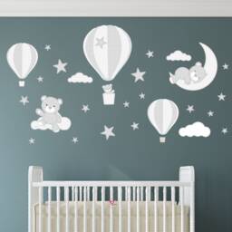 Teddy Bear Hot Air Balloon Nursery Wall Decals Grey & White Fabric Stickers - thumbnail 1