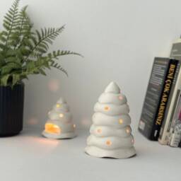 Handcrafted Porcelain Christmas Tree Candle Holder Snowy White Decor - thumbnail 3