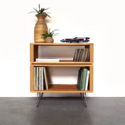 "Record Player Or Hifi Stand, Solid Iroko Wood Vinyl Storage On Hairpin Square Metal Legs ""Tall Stack Stand" - thumbnail 1