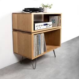 "Record Player Or Hifi Stand, Solid Iroko Wood Vinyl Storage On Hairpin Square Metal Legs ""Tall Stack Stand" - thumbnail 3