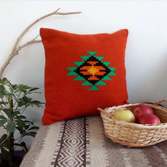 Red Kilim Pillow Cover Handwoven Wool Boho Mountain Design - image 1
