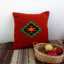 Red Kilim Pillow Cover Handwoven Wool Boho Mountain Design - thumbnail 2