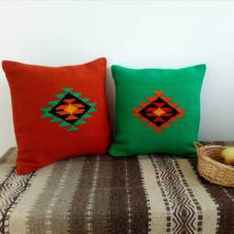 Red Kilim Pillow Cover Handwoven Wool Boho Mountain Design - thumbnail 3