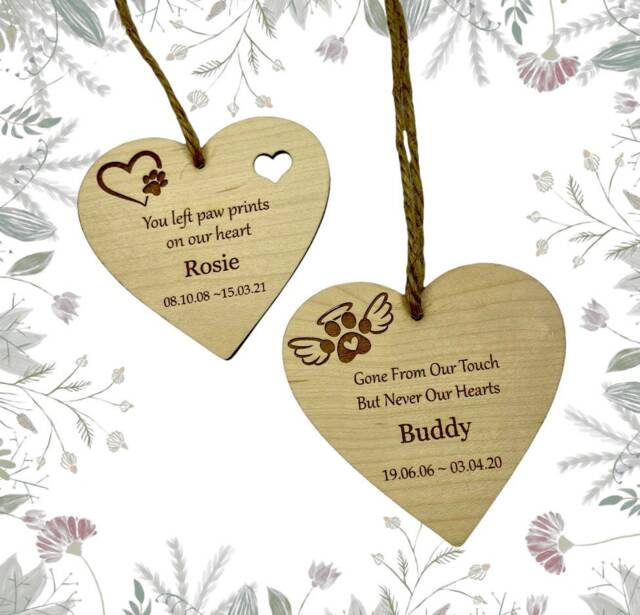 Personalized Wooden Pet Memorial Ornament, Engraved Heart Bauble - image 1