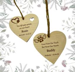 Personalized Wooden Pet Memorial Ornament, Engraved Heart Bauble - thumbnail 1