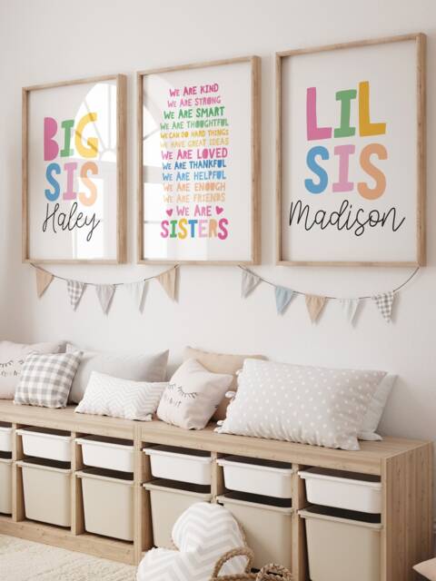 Set Of 3 Girls Bedroom Prints, Big Sis Lil Sister Wall Art, Affirmations, Siblings Twins Girl Decor, Rainbow - image 1