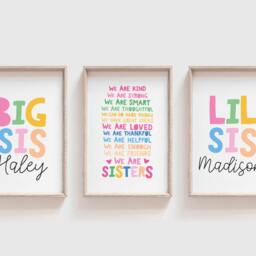 Set Of 3 Girls Bedroom Prints, Big Sis Lil Sister Wall Art, Affirmations, Siblings Twins Girl Decor, Rainbow - thumbnail 2