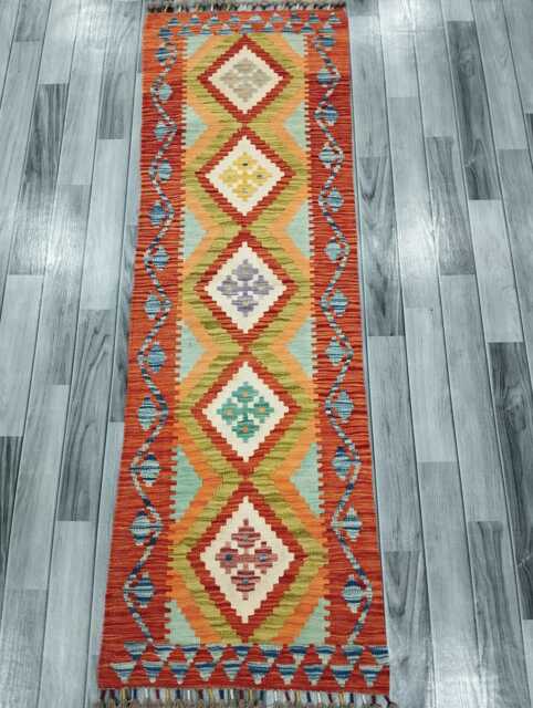 Colourful Runner Rug, Handmade Artisan Afghan Turkish, Scandinavian, Navajo, Bohemian, Wool Flatweave Multicolour Kilim Rug 188x60 cm - image 1
