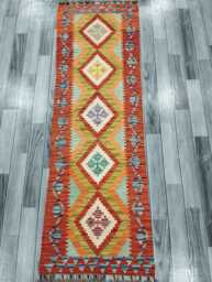 Colourful Runner Rug, Handmade Artisan Afghan Turkish, Scandinavian, Navajo, Bohemian, Wool Flatweave Multicolour Kilim Rug 188x60 cm - thumbnail 1