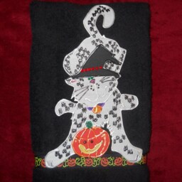 Halloween Cat Hand Towel Appliqued & Hand-Painted Witch Kitty - thumbnail 2