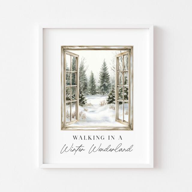 Christmas Print Watercolour Snowy Window Winter Wonder Land Wall Art - Unframed - image 1