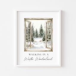 Christmas Print Watercolour Snowy Window Winter Wonder Land Wall Art - Unframed - thumbnail 1