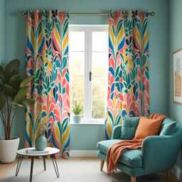 Colorful Leaf Curtains, Bold Abstract Botanical Drapes, Retro Modern Print Window Panels, Custom Made Eyelet Or Rod Pocket Curtains - thumbnail 3