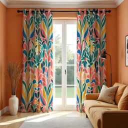 Colorful Leaf Curtains, Bold Abstract Botanical Drapes, Retro Modern Print Window Panels, Custom Made Eyelet Or Rod Pocket Curtains