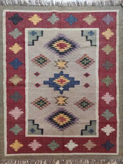 Bespoke Wool Jute Kilim Rug - Tribal Medallion Flatweave With Red Border Geometric Floor Decor - image 1