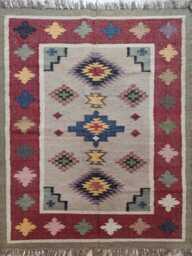 Bespoke Wool Jute Kilim Rug - Tribal Medallion Flatweave With Red Border Geometric Floor Decor - thumbnail 1