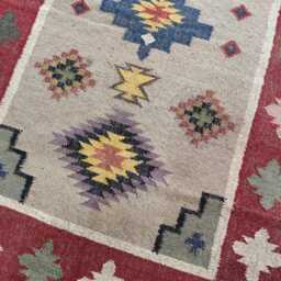 Bespoke Wool Jute Kilim Rug - Tribal Medallion Flatweave With Red Border Geometric Floor Decor - thumbnail 2