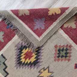 Bespoke Wool Jute Kilim Rug - Tribal Medallion Flatweave With Red Border Geometric Floor Decor - thumbnail 4