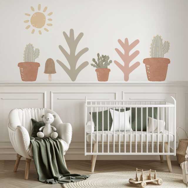 Boho Cactus Wall Stickers Nursery Decor - Neutral Desert Decals Sage Pink Terracotta Peel & Stick Kids Bedroom - image 1