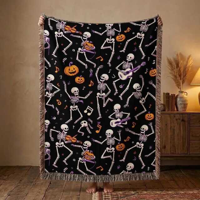 Dancing Skeleton Woven Blanket, Halloween Throw Spooky Music Pumpkin Decor, Gothic Fall Gift - image 1