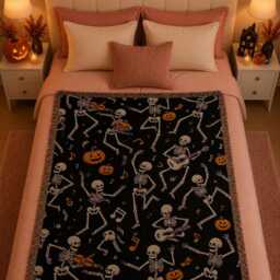 Dancing Skeleton Woven Blanket, Halloween Throw Spooky Music Pumpkin Decor, Gothic Fall Gift - thumbnail 2