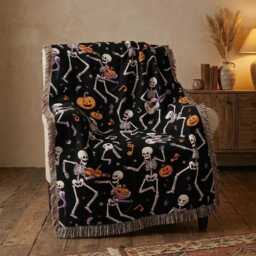 Dancing Skeleton Woven Blanket, Halloween Throw Spooky Music Pumpkin Decor, Gothic Fall Gift - thumbnail 3