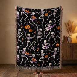 Dancing Skeleton Woven Blanket, Halloween Throw Spooky Music Pumpkin Decor, Gothic Fall Gift - thumbnail 1