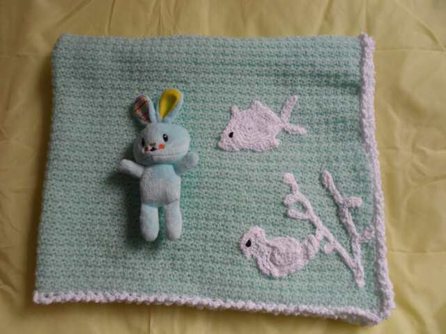 Large Soft Aqua Crochet Baby Blanket With White Applique & Rim - image 1