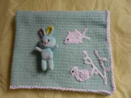 Large Soft Aqua Crochet Baby Blanket With White Applique & Rim - thumbnail 1