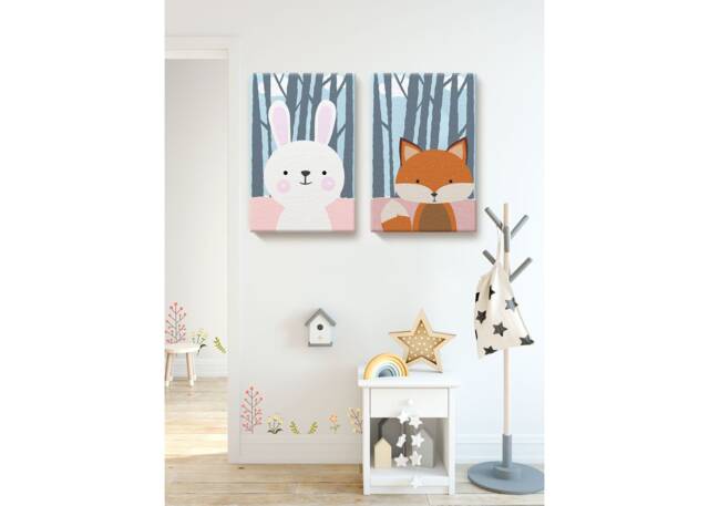 Bunny in Forest. Nursery Room Wall Decor. Fox & Forest Wallpaper. Baby Art Gifts. Picture. Cute Canvas Set Of 2 - image 1