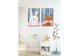 Bunny in Forest. Nursery Room Wall Decor. Fox & Forest Wallpaper. Baby Art Gifts. Picture. Cute Canvas Set Of 2 - thumbnail 1