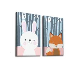 Bunny in Forest. Nursery Room Wall Decor. Fox & Forest Wallpaper. Baby Art Gifts. Picture. Cute Canvas Set Of 2 - thumbnail 2