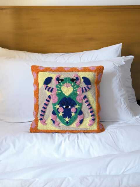 Hand Tufted Punch Needle Pillow Cover, Embroidered Bug Cushion, Fun Home Decor - 18x18 - image 1