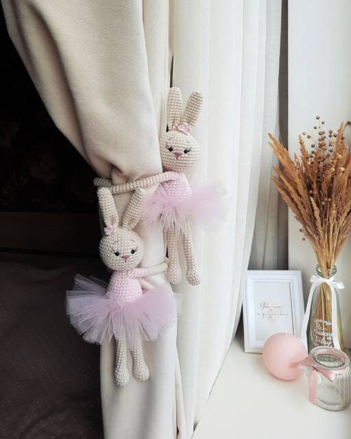 Pink Ballerina Bunny Curtain Tieback Bunny Nursery Decor Tie Back Animal Knit Rabbits Holders Nursery - image 1