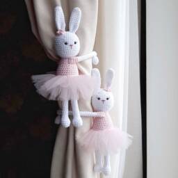 Pink Ballerina Bunny Curtain Tieback Bunny Nursery Decor Tie Back Animal Knit Rabbits Holders Nursery - thumbnail 3