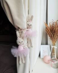 Pink Ballerina Bunny Curtain Tieback Bunny Nursery Decor Tie Back Animal Knit Rabbits Holders Nursery - thumbnail 1