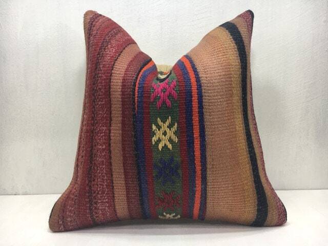 Vintage Kilim Pillow Cover, Handwoven Turkish Sofa Cushion - 16x16 - image 1
