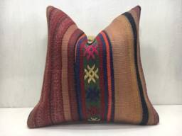 Vintage Kilim Pillow Cover, Handwoven Turkish Sofa Cushion - 16x16 - thumbnail 1