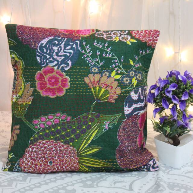 Green Floral Kantha Pillow Cover Handmade Embroidered Throw - image 1