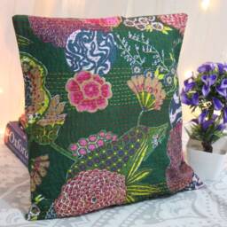 Green Floral Kantha Pillow Cover Handmade Embroidered Throw - thumbnail 3