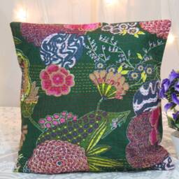Green Floral Kantha Pillow Cover Handmade Embroidered Throw - thumbnail 2