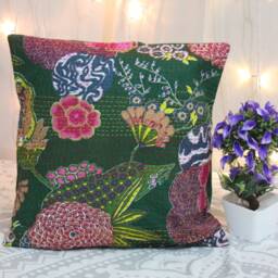 Green Floral Kantha Pillow Cover Handmade Embroidered Throw - thumbnail 1