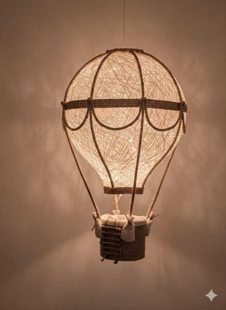 Handmade Hot Air Balloon Nursery Lamp Linen & Jute Travel Theme - image 1