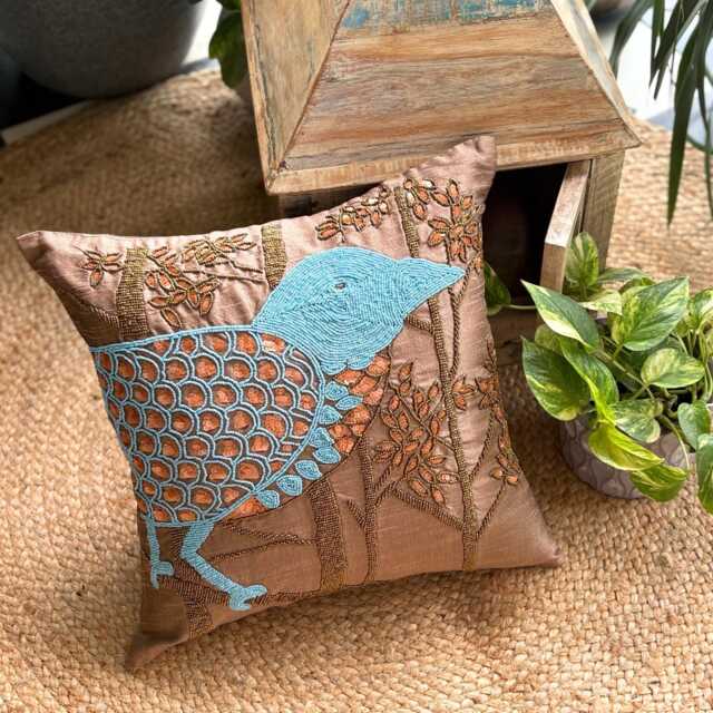 Birds Pattern Sequins & Beads Brown Art Silk Pillow Sham, 24x24/26x26, Contemporary Style Euro Square Pillowcase - Birdy Paradise - image 1